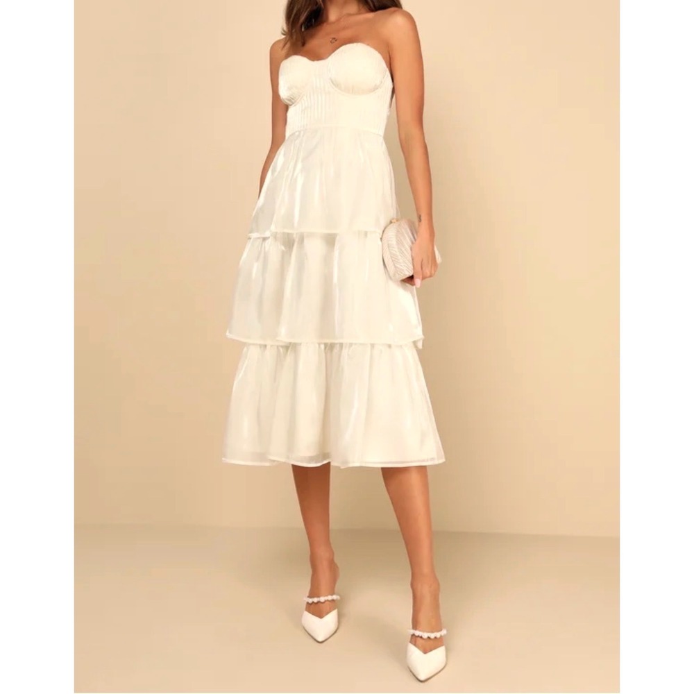 Lulus Completely Charming Ivory Iridescent Strapless Tiered Midi Dress Bustier L